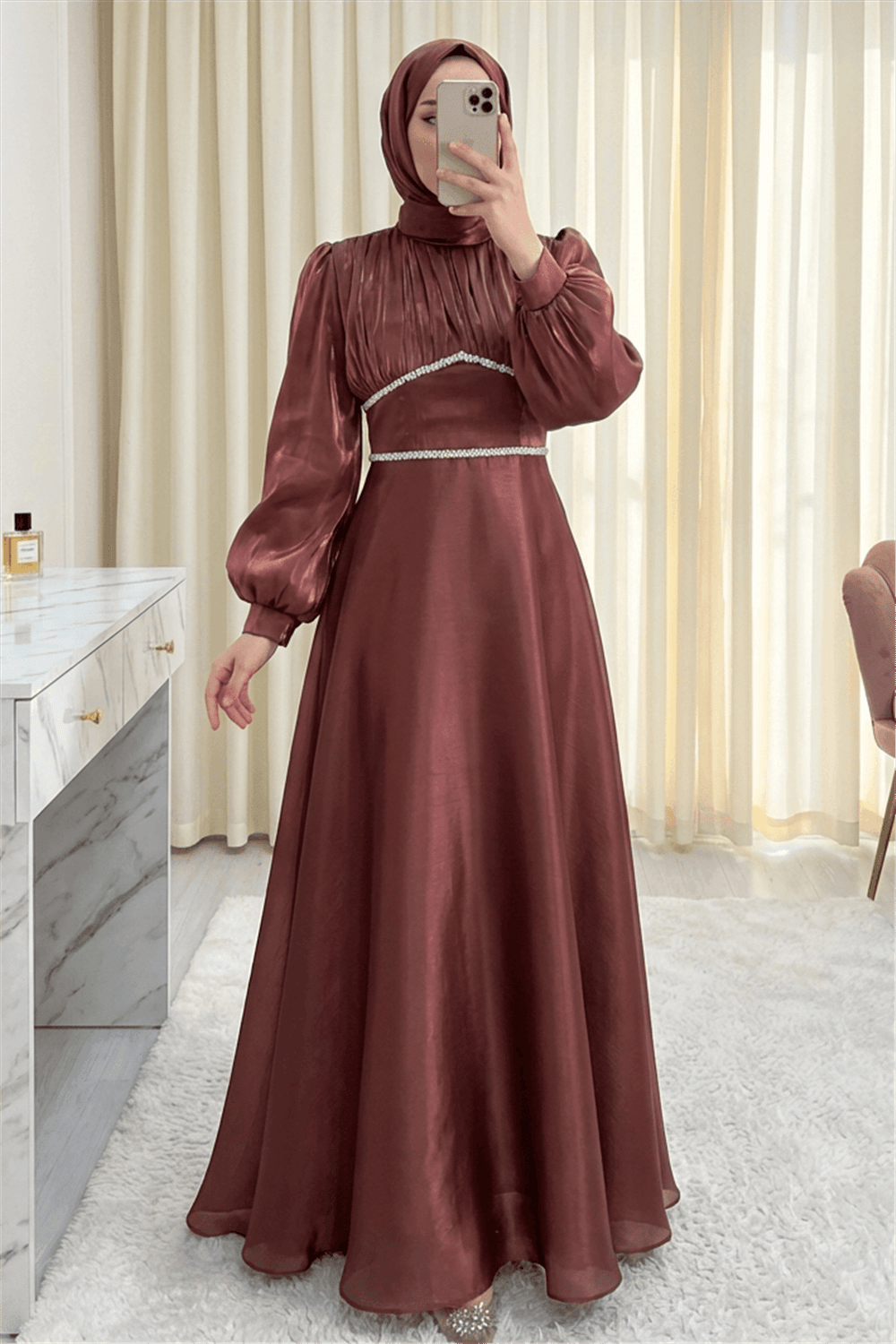 Yakası Fiyonklu Beli Taş Detaylı Balon Kol Abiye -G.Kurusu-Abiye-316-4778-R27