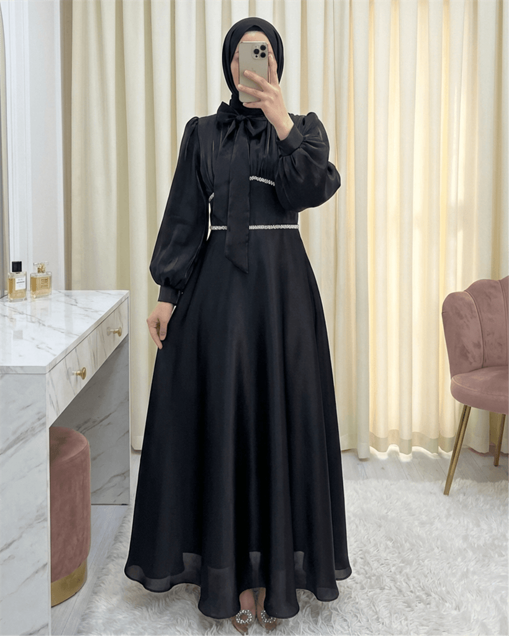 Yakası Fiyonklu Beli Taş Detaylı Balon Kol Abiye -Siyah-Abiye-316-4778-R01