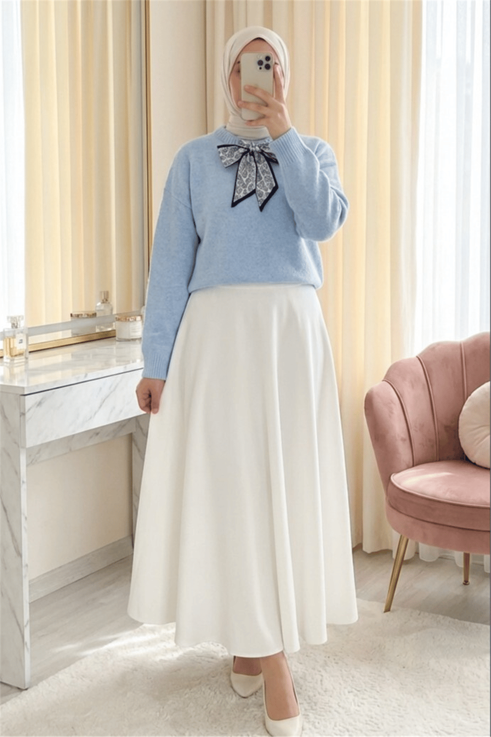 Yakası Fular Detaylı Yumoş Triko Kazak -Bebe Mavi-Kazak-295-1297-R32