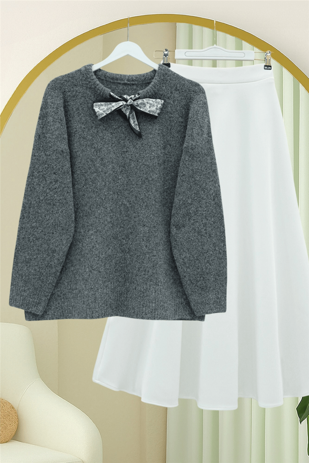 Yakası Fular Detaylı Yumoş Triko Kazak -Füme-Kazak-295-1297-R18