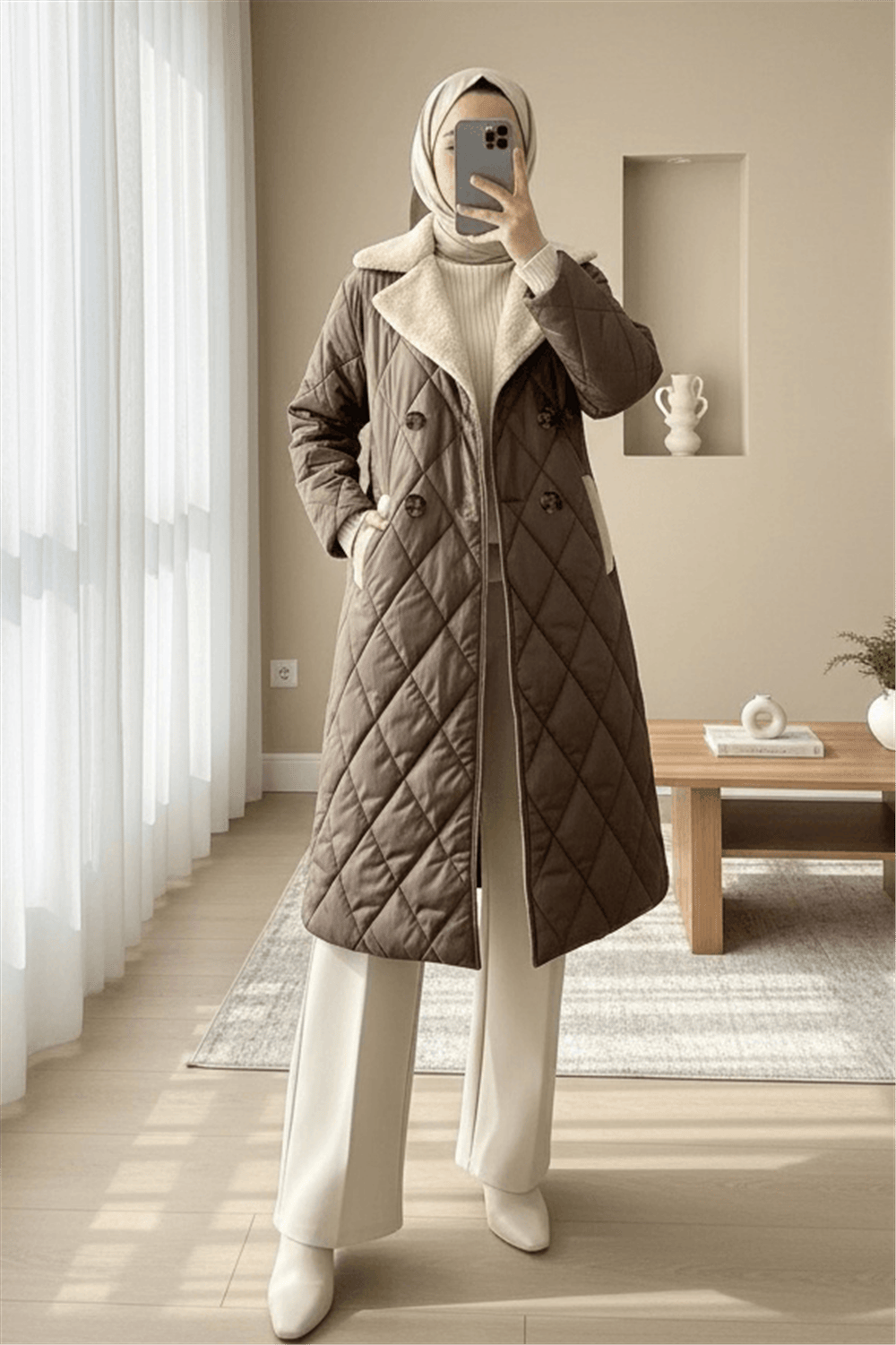 Yakası Kürklü Beli Kemerli Düğmeli Astarlı Kapitone Mont -Toprak-Mont-414-4905-R55