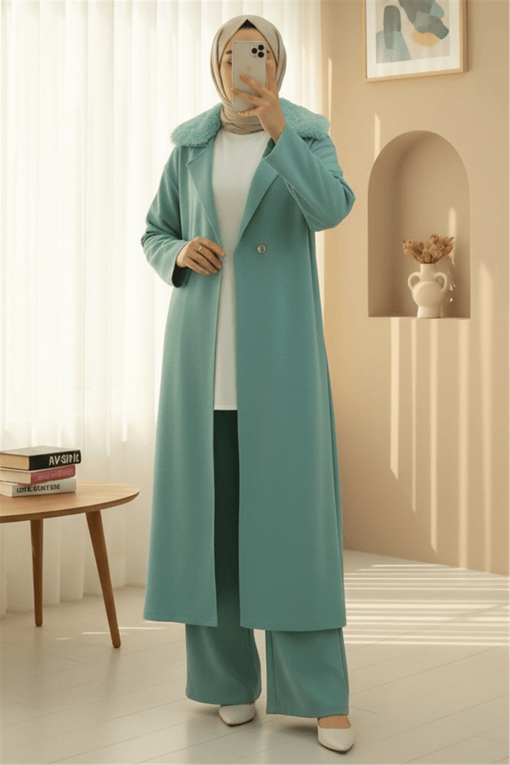 Yakası Kürklü Çift Düğmeli Uzun Triko Hırka -Mint-Hırka-295-2407-R24