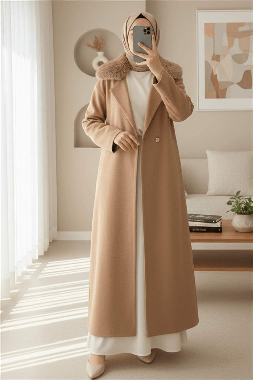 Yakası Kürklü Çift Düğmeli Uzun Triko Hırka -Vizon-Hırka-295-2407-R23