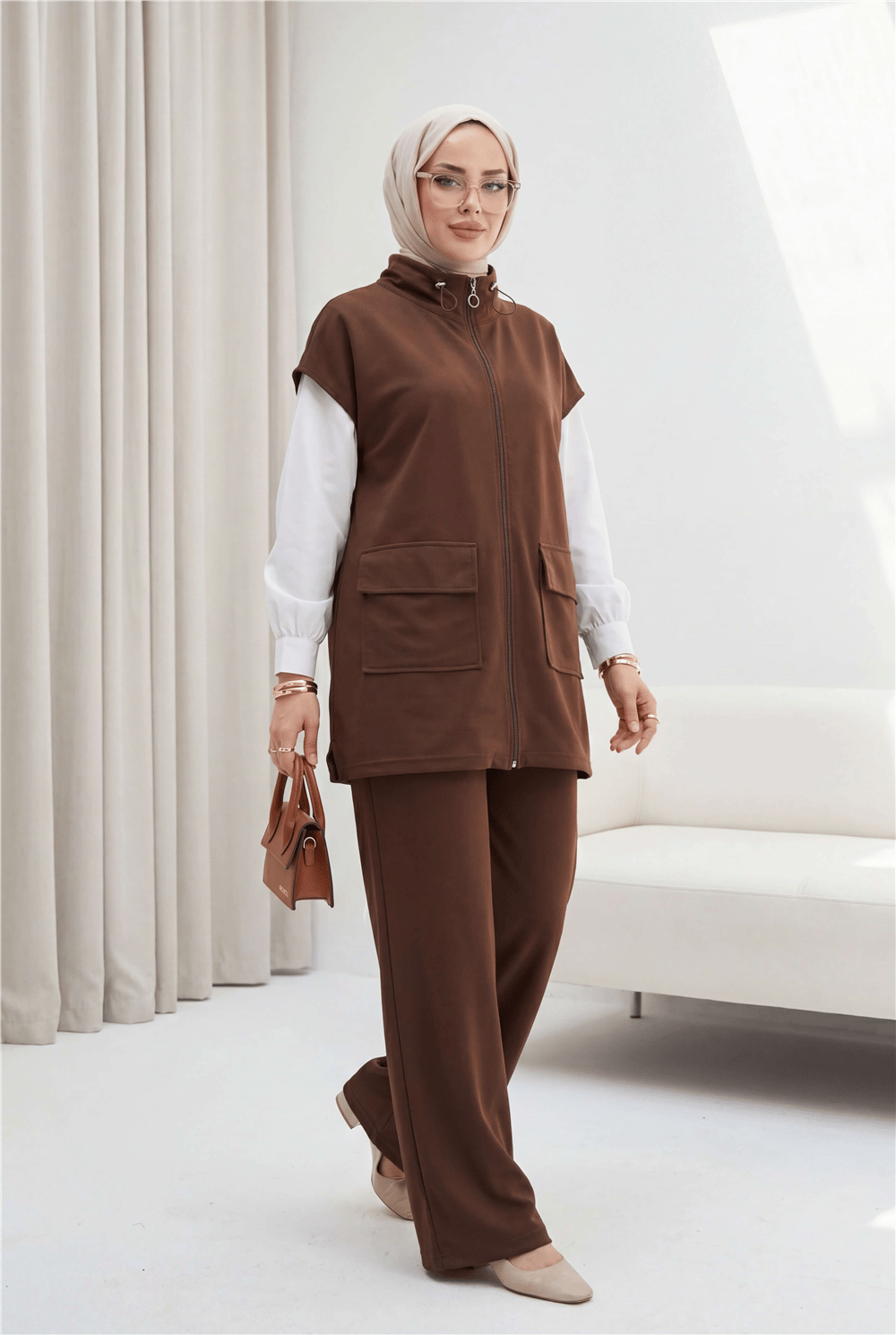 Yakası Lastik Detaylı Çift Cepli 2 İplik Penye Takım -Kahve-Takım-253-13161-R15