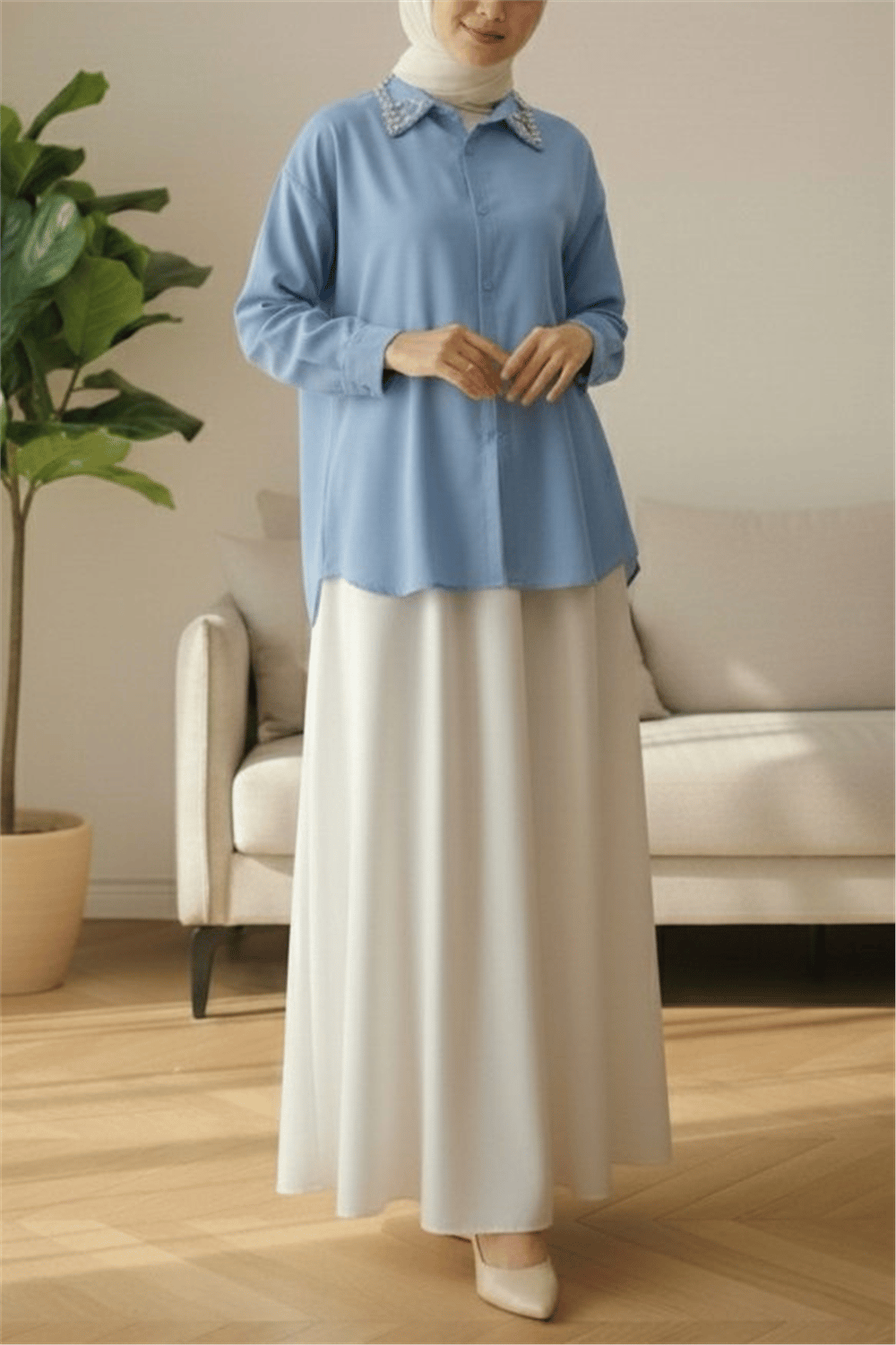 Yakası Taş Detaylı Düğmeli Salaş Gömlek -Bebe Mavi-Gömlek-246-1620-R32