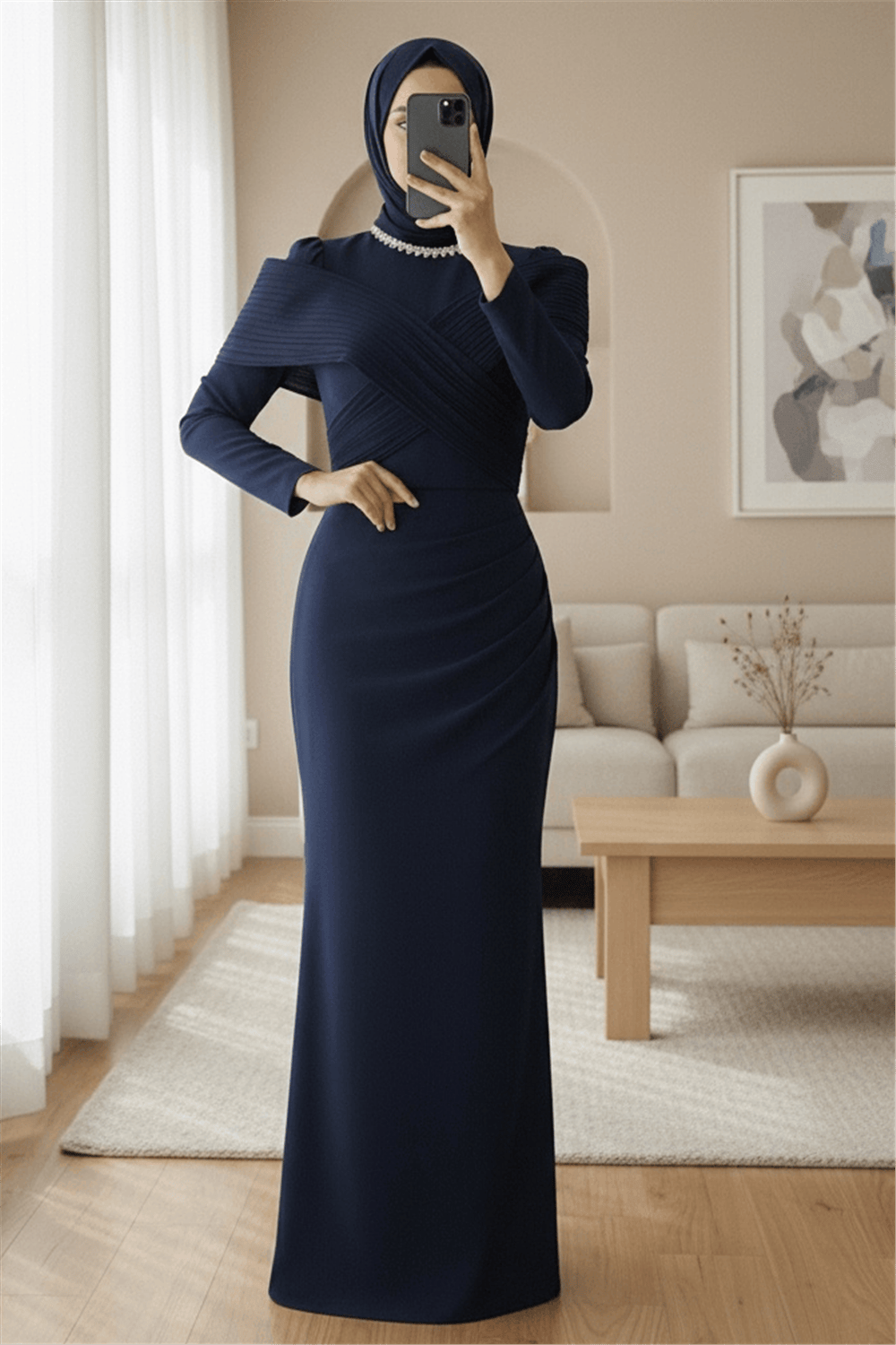 Yakası Taş Detaylı Omuzu Kat Drapeli Abiye -Laci-Abiye-316-4783-R03