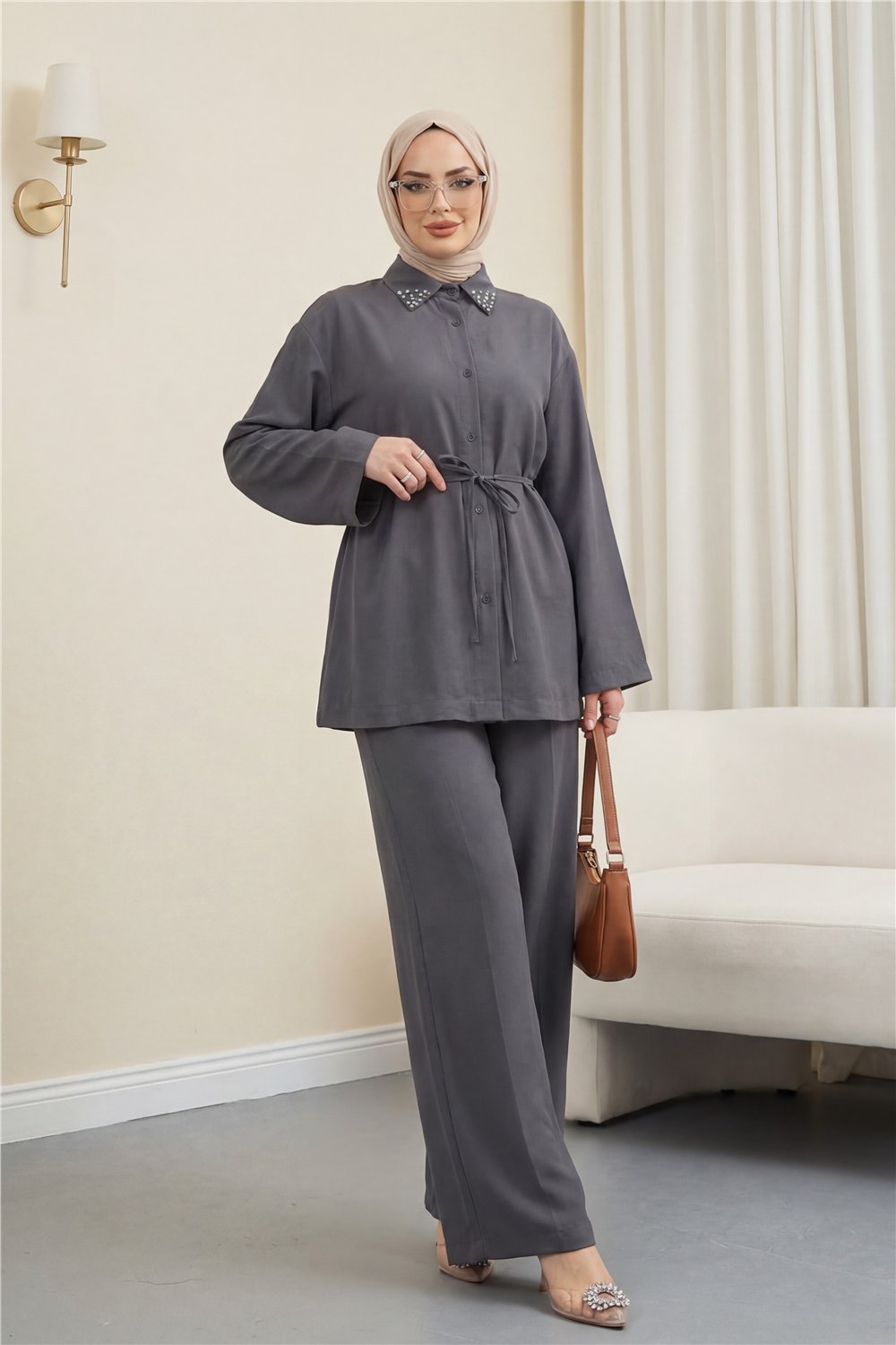 Yakası Taşlı Belden Bağlamalı Pantolonlu Takım -Füme-Takım-414-5524-R18