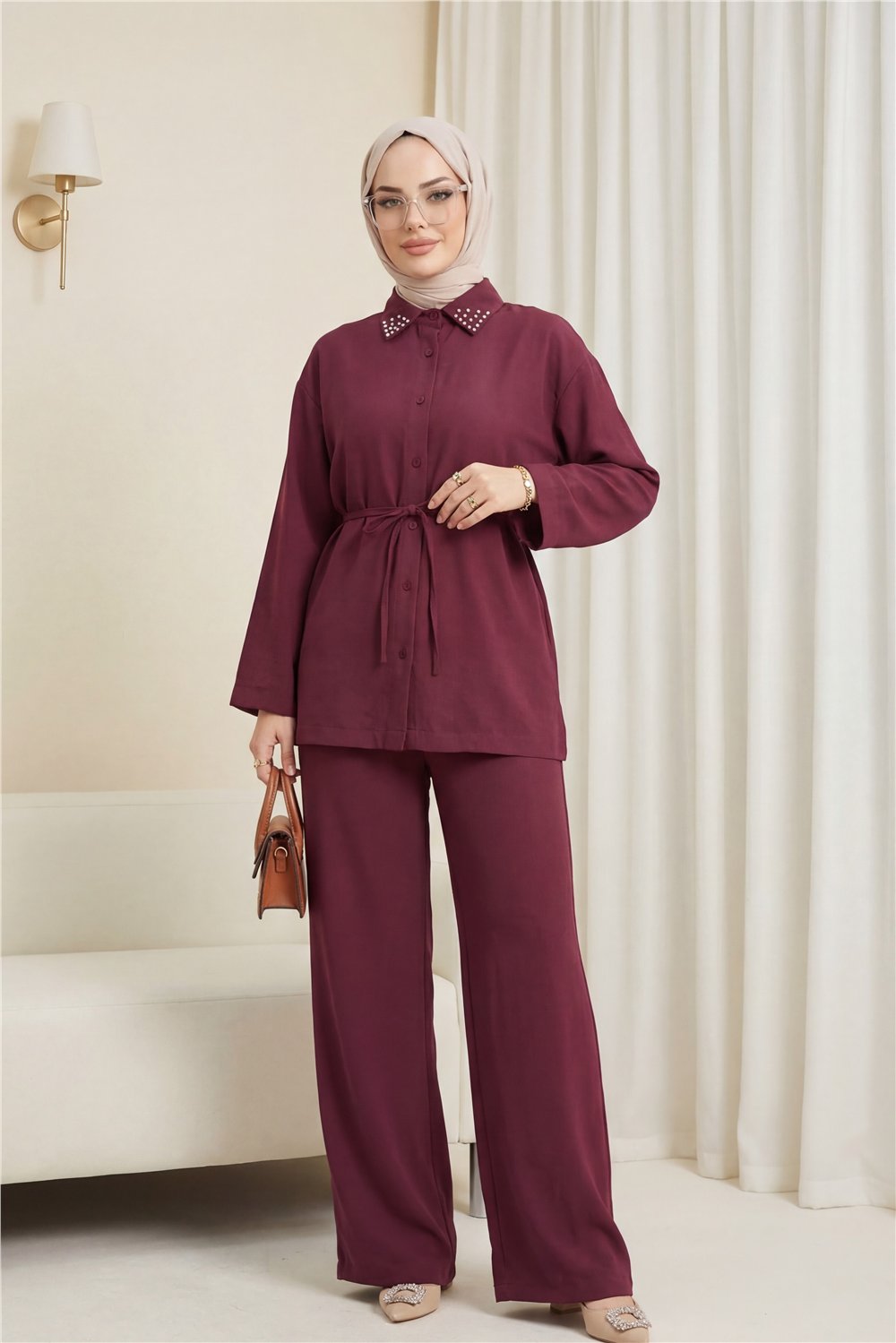 Yakası Taşlı Belden Bağlamalı Pantolonlu Takım -Bordo-Takım-414-5524-R04