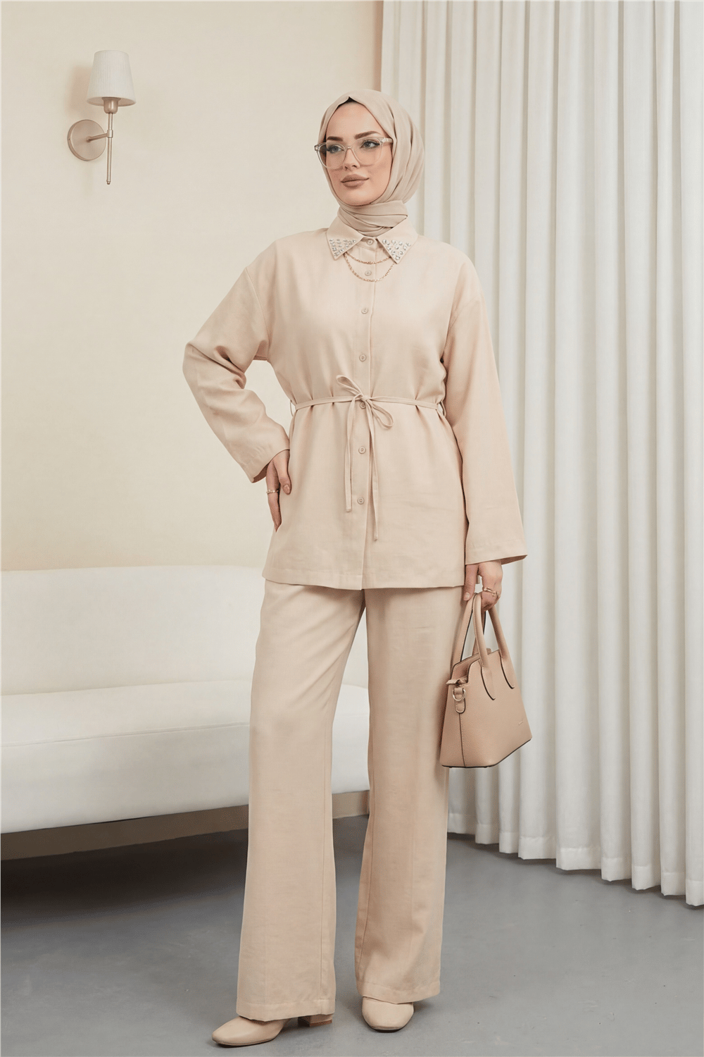 Yakası Taşlı Belden Bağlamalı Pantolonlu Takım -Bej-Takım-414-5524-R56