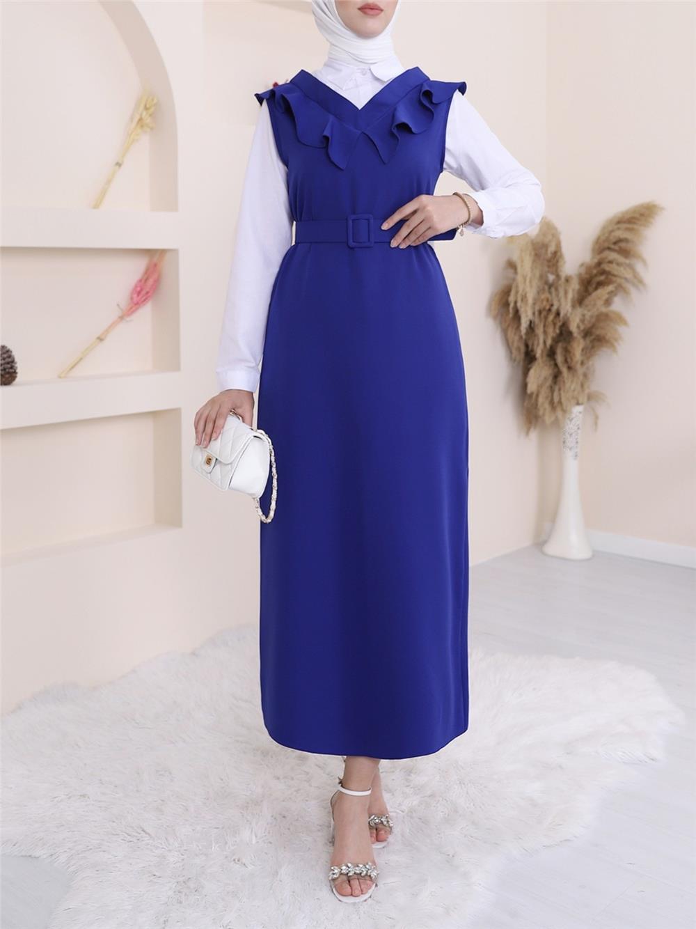 Yakası V Kemerli Uzun Jile Elbise      -Saks-111-60811-R10