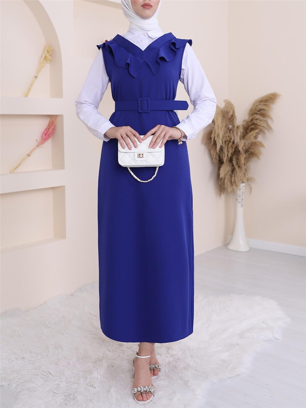 Yakası V Kemerli Uzun Jile Elbise      -Saks-111-60811-R10