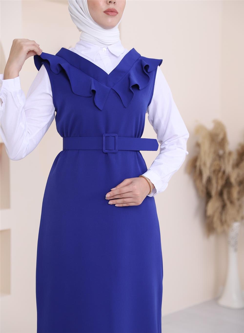 Yakası V Kemerli Uzun Jile Elbise      -Saks-111-60811-R10