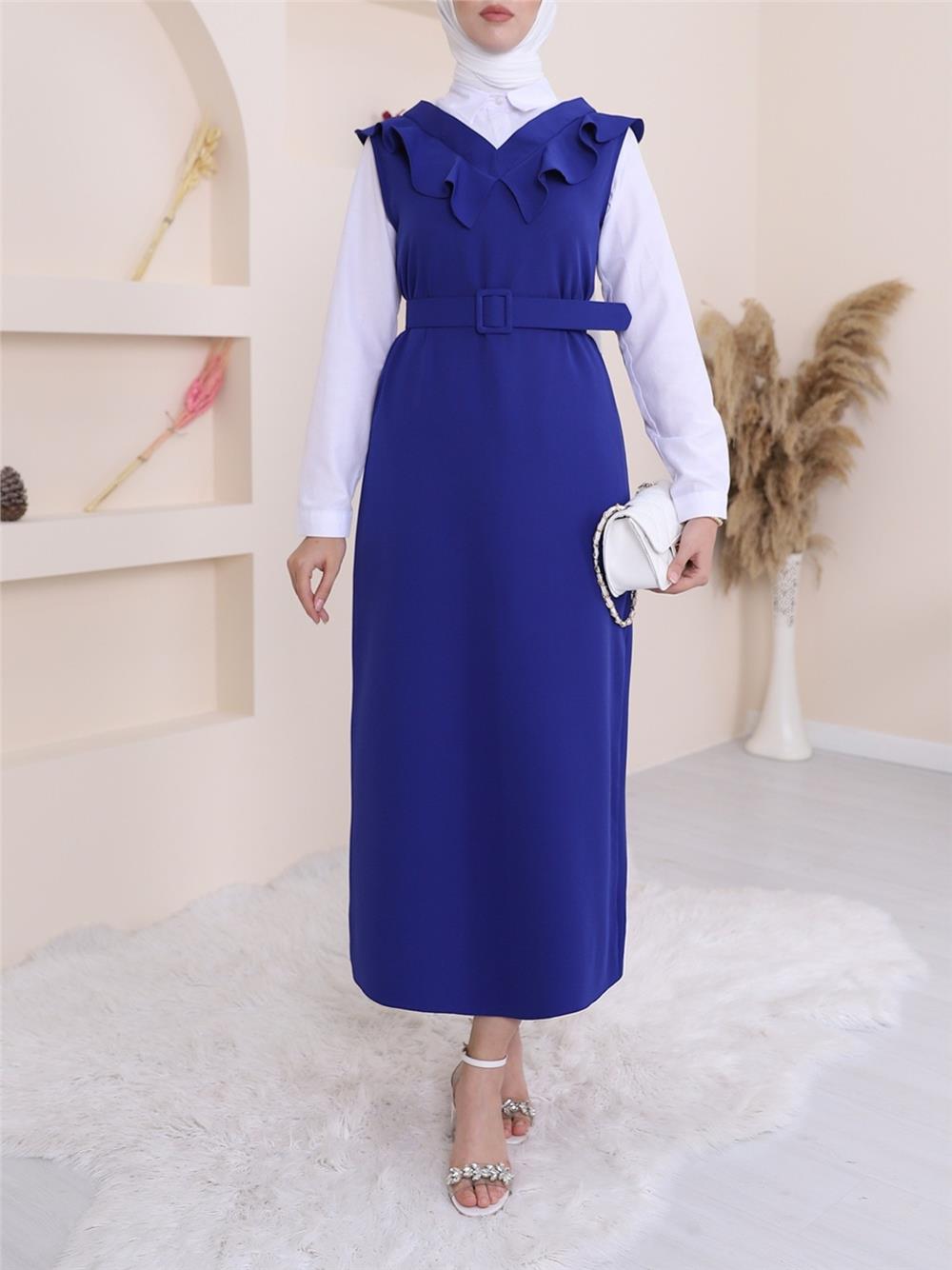 Yakası V Kemerli Uzun Jile Elbise      -Saks-111-60811-R10