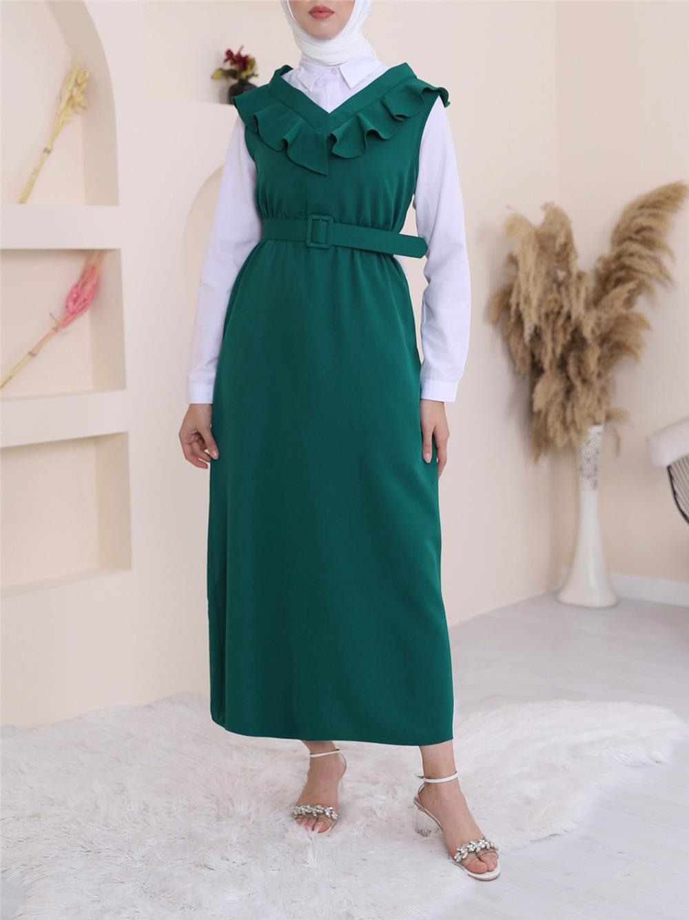 Yakası V Kemerli Uzun Jile Elbise      -Zümrüt-111-60811-R17