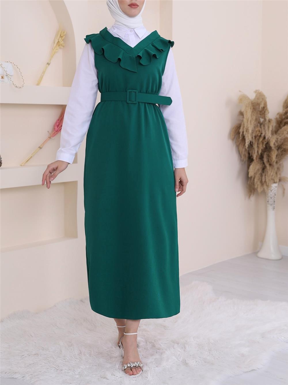 Yakası V Kemerli Uzun Jile Elbise      -Zümrüt-111-60811-R17