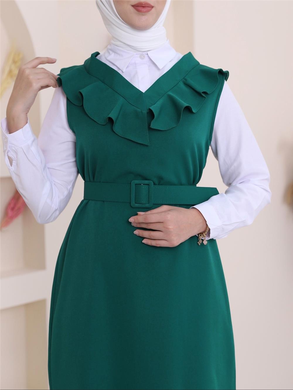 Yakası V Kemerli Uzun Jile Elbise      -Zümrüt-111-60811-R17