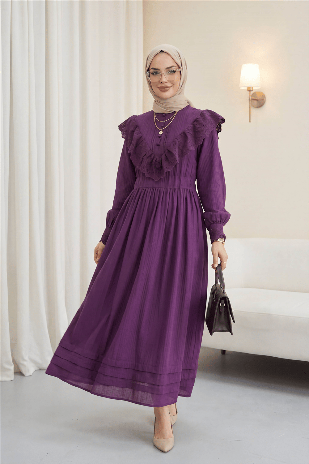 Yakası Ve Beli Bağlamalı Fistolu Astarlı Krinkıl Elbise  -Mor-Elbise-450-4338-R34