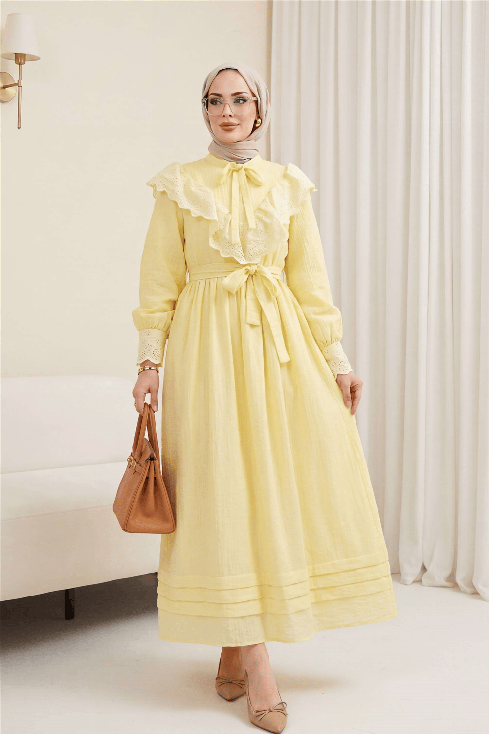 Yakası Ve Beli Bağlamalı Fistolu Astarlı Krinkıl Elbise -Sarı-Elbise-450-4338-R22