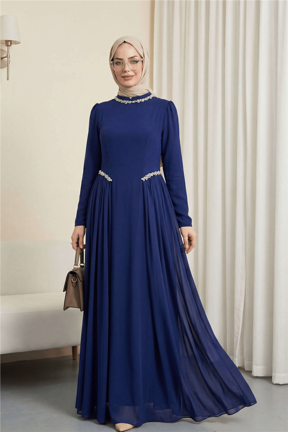 Yakası Ve Beli Taşlı Yanları Tül  Detaylı  Astarlı Krep Elbise  -Saks-Elbise-316-4868-R10
