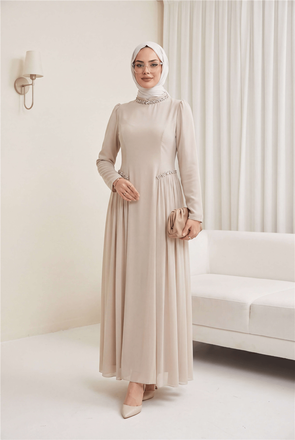 Yakası Ve Beli Taşlı Yanları Tül  Detaylı  Astarlı Krep Elbise   -Taş rengi-Elbise-316-4868-R43