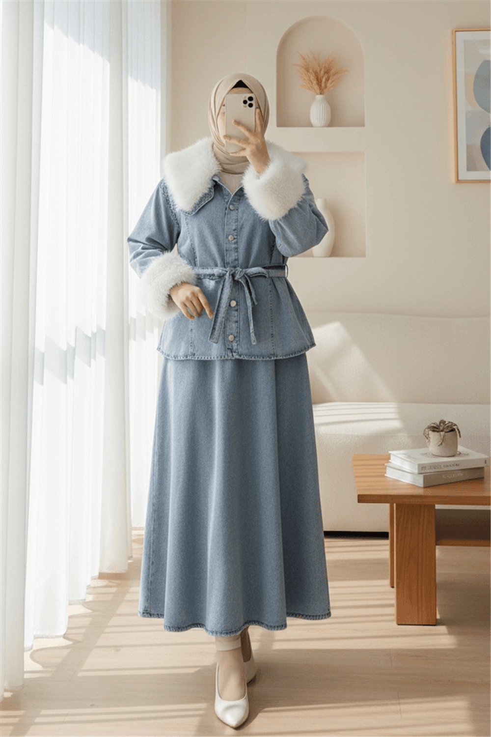 Yakası Ve Kolları Kürklü Beli Kuşaklı Bebe Yaka Kot Takım -Buz Mavi-Takım-197-4087-R37