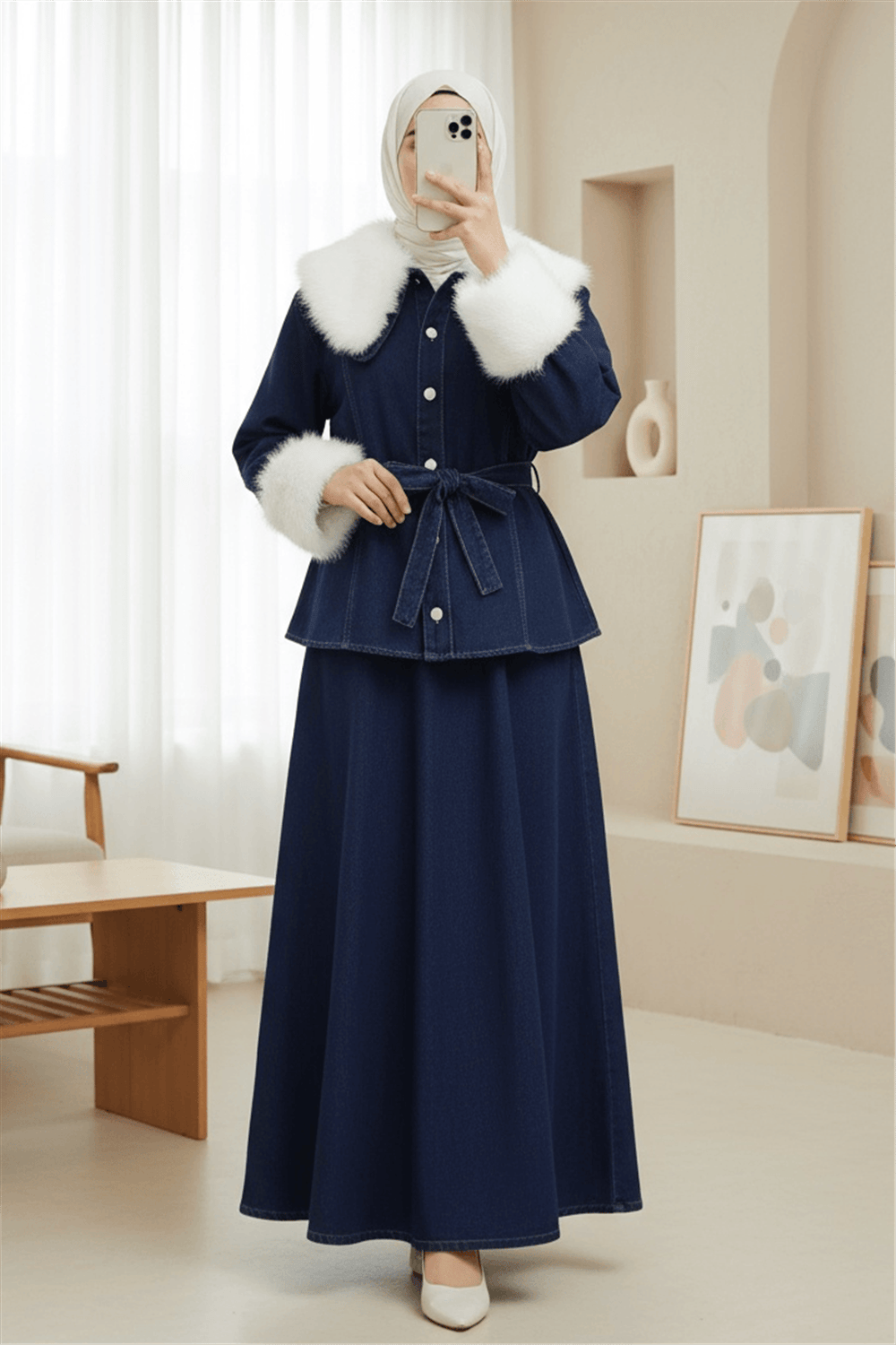 Yakası Ve Kolları Kürklü Beli Kuşaklı Bebe Yaka Kot Takım -Laci-Takım-197-4087-R03