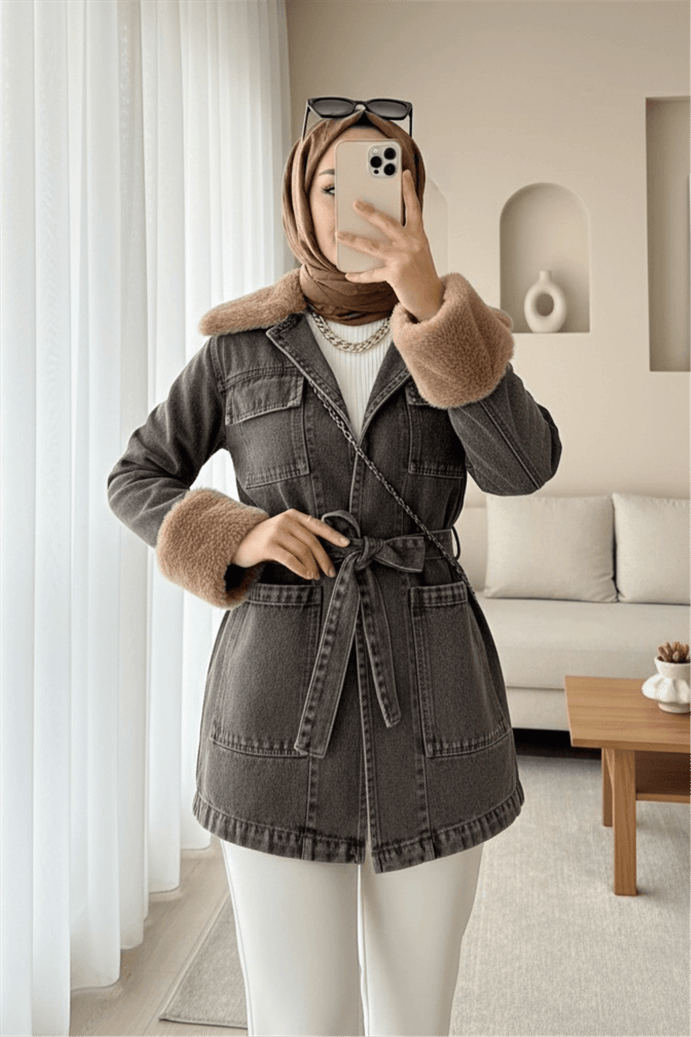 Yakası Ve Kolu Kürklü Önü Bağlamalı Cepli Kot Ceket  -Füme-Ceket-197-4086-R18