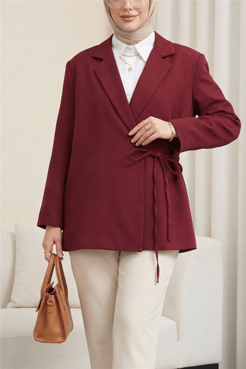 Yandan Bağcıklı Arkası Yırtmaçlı Astarlı Double Krep Ceket -Bordo-Ceket-418-1915-R04