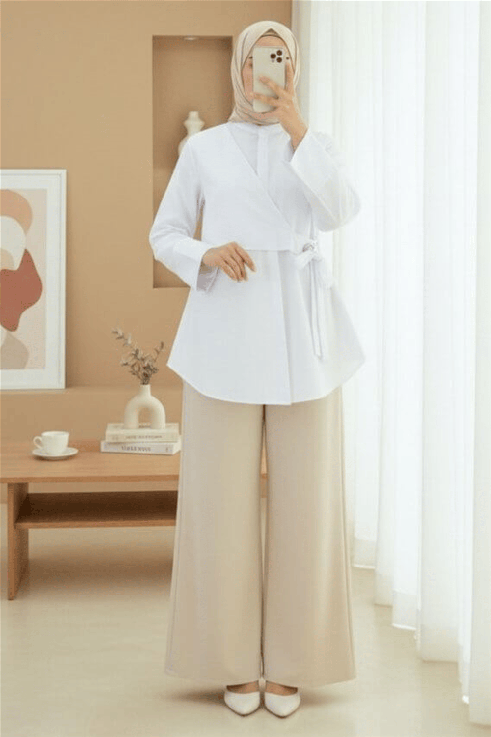 Yandan Bağlamalı Boydan Düğmeli Tunik -Beyaz-Tunik-223-3056-R02