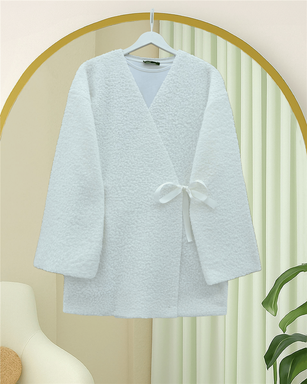 Yandan Bağlamalı Buklet Kimono   -Beyaz-Ceket-253-12961-R02