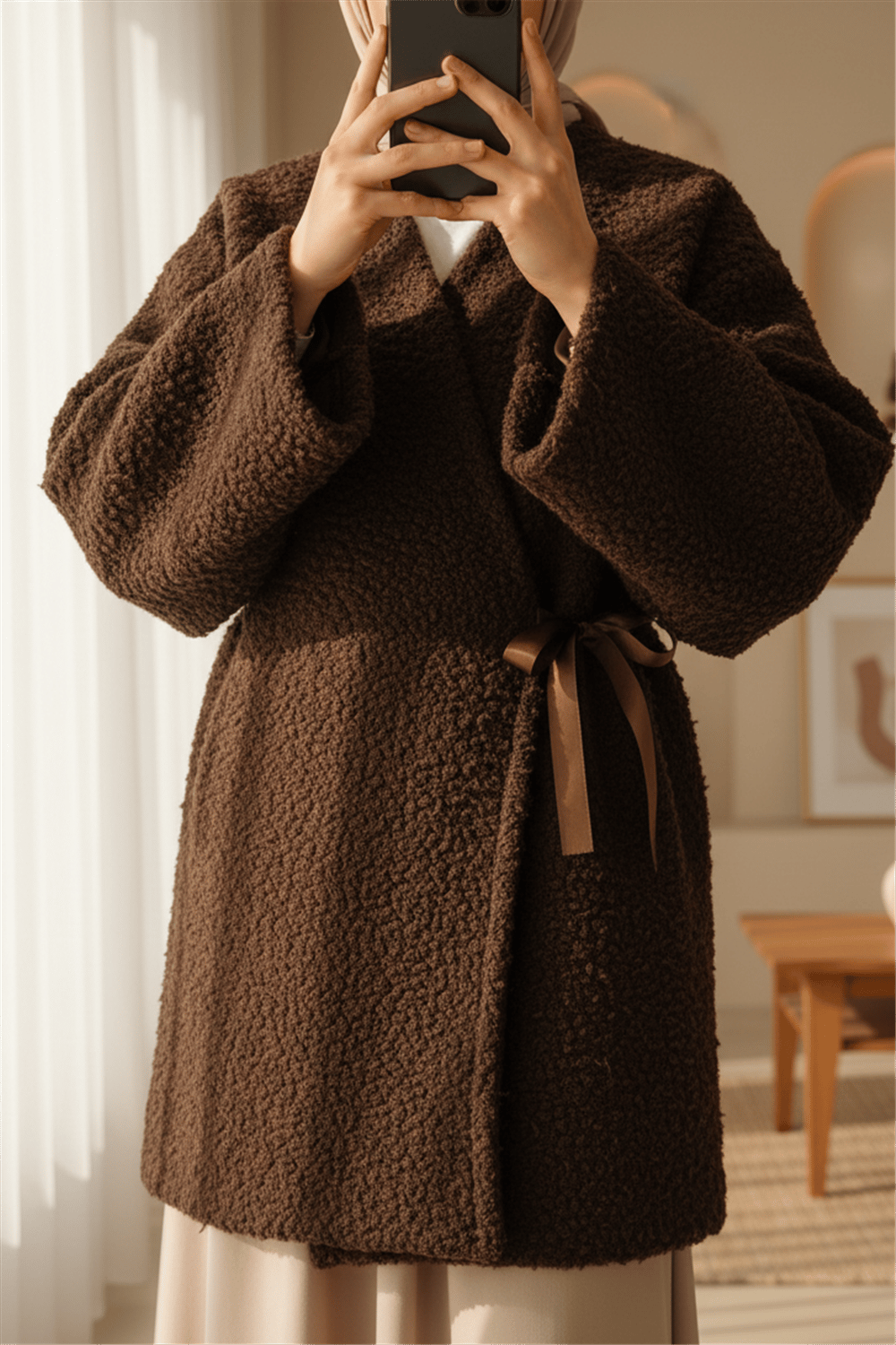 Yandan Bağlamalı Buklet Kimono   -K. Kahve-Ceket-253-12961-R54