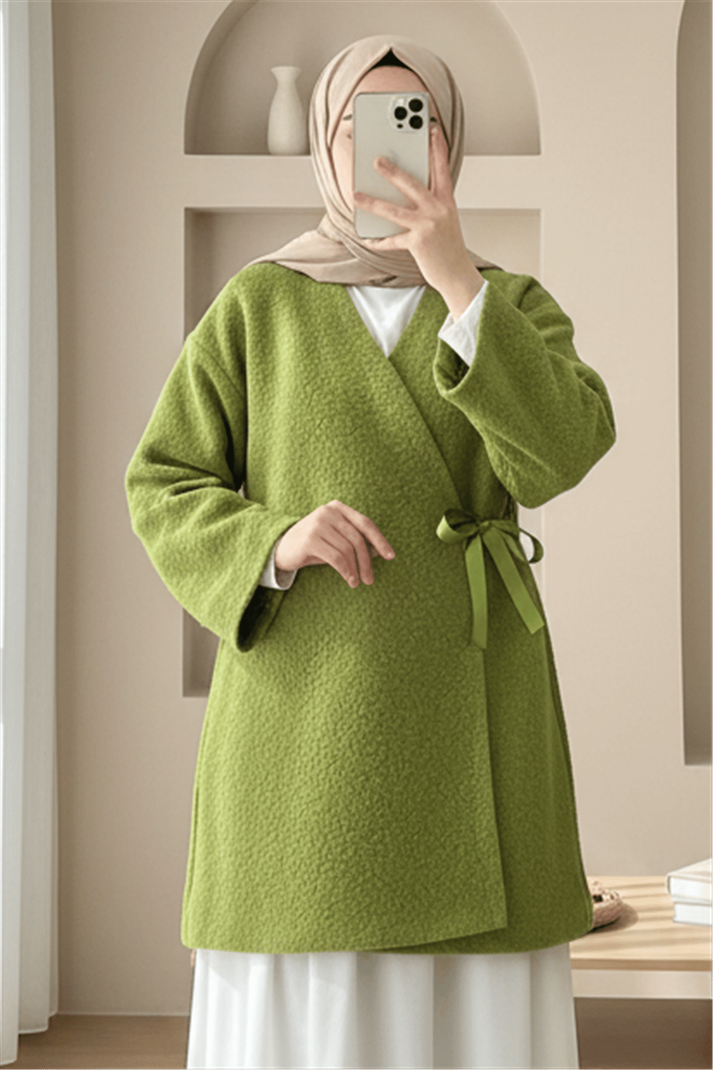 Yandan Bağlamalı Buklet Kimono   -Yağ Yeşili-Ceket-253-12961-R72