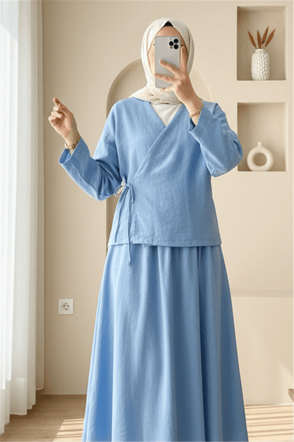 Yandan Bağlamalı Etekli Keten Takım   -Açık Mavi-Takım-223-3050-R25