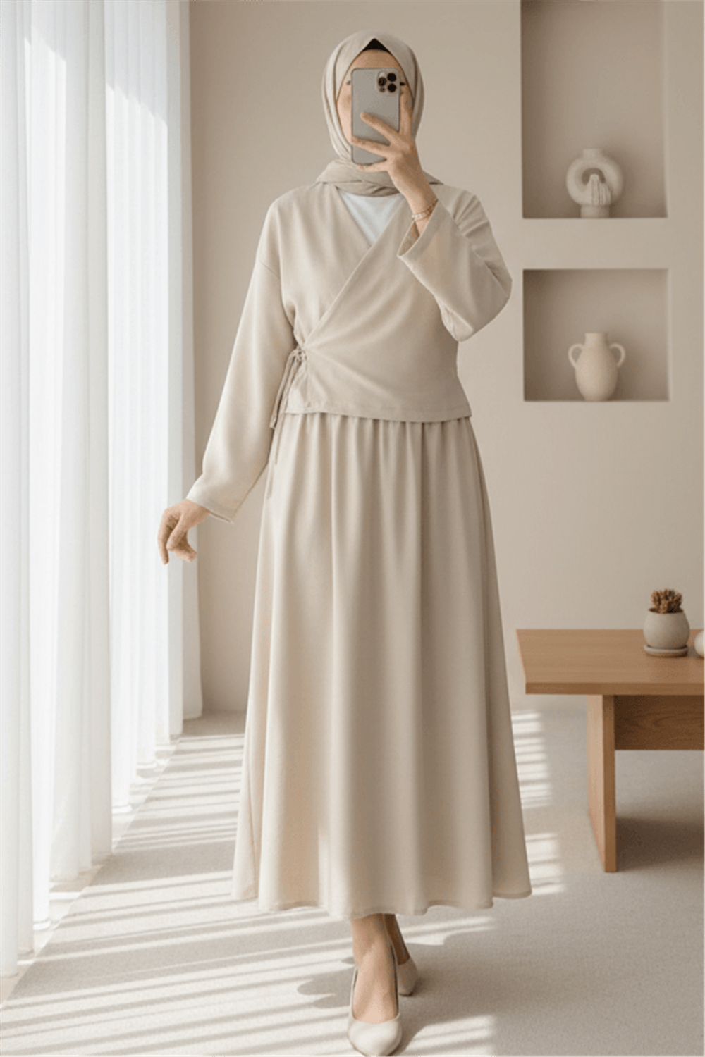 Yandan Bağlamalı Etekli Keten Takım  -Bej-Takım-223-3050-R56