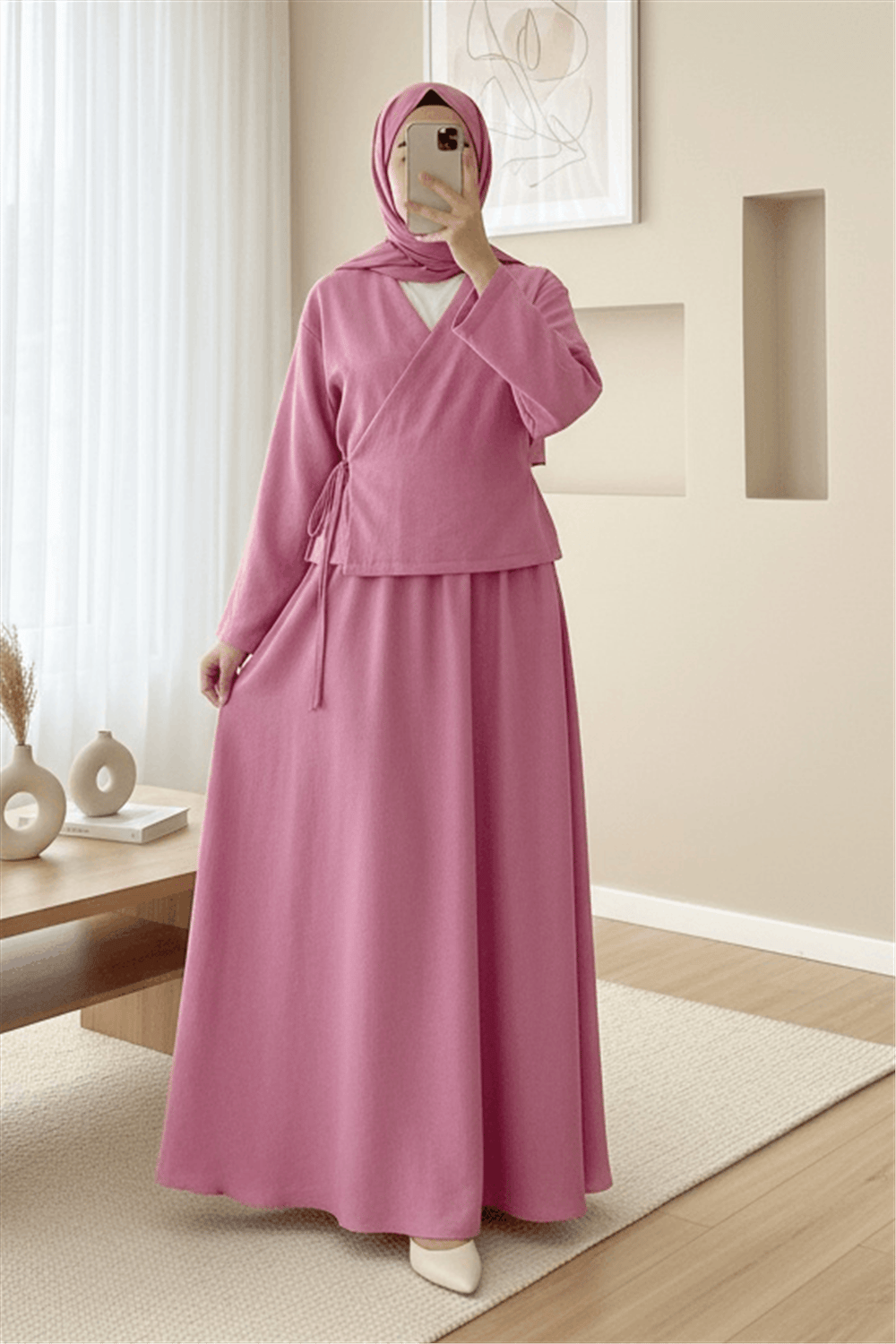 Yandan Bağlamalı Etekli Keten Takım   -Pembe-Takım-346-3070-R20