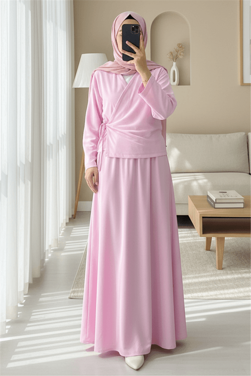 Yandan Bağlamalı Etekli Keten Takım   -Pudra-Takım-223-3050-R06
