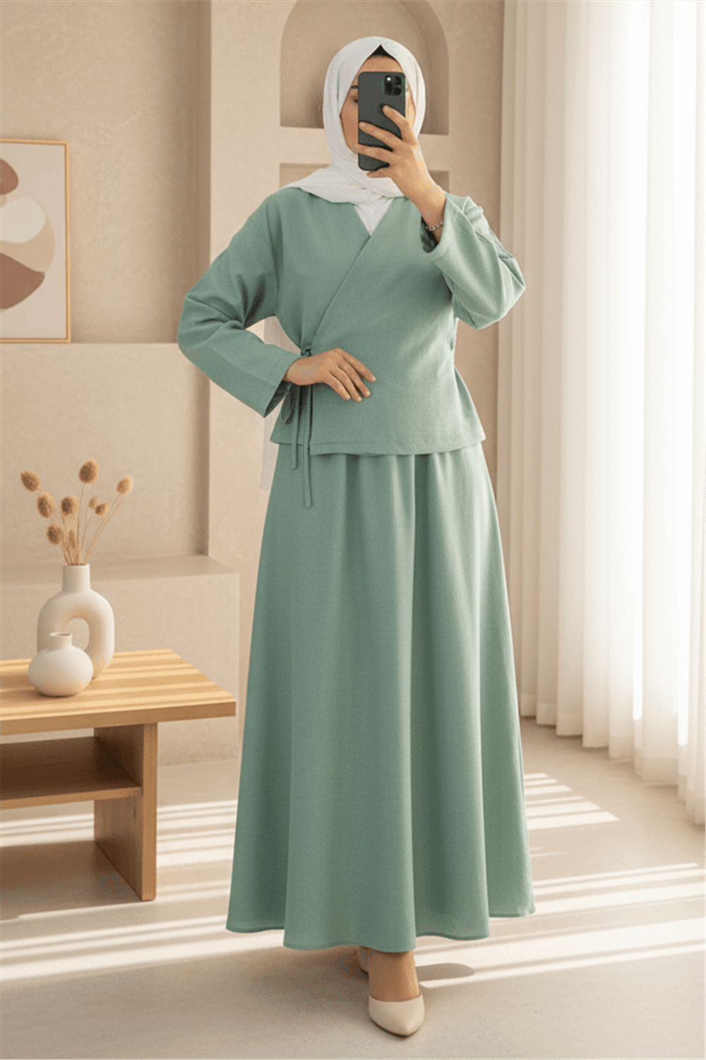 Yandan Bağlamalı Etekli Keten Takım   -Su Yeşili-Takım-223-3050-R36
