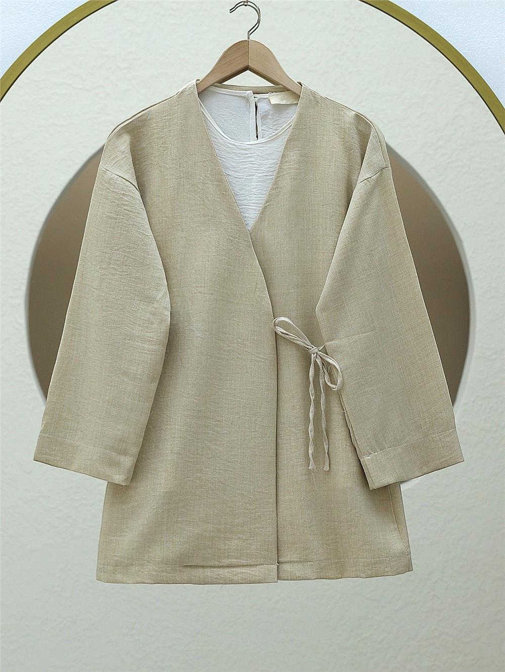 Yandan Bağlamalı Keten Kimono -Bej-349-6017-R56