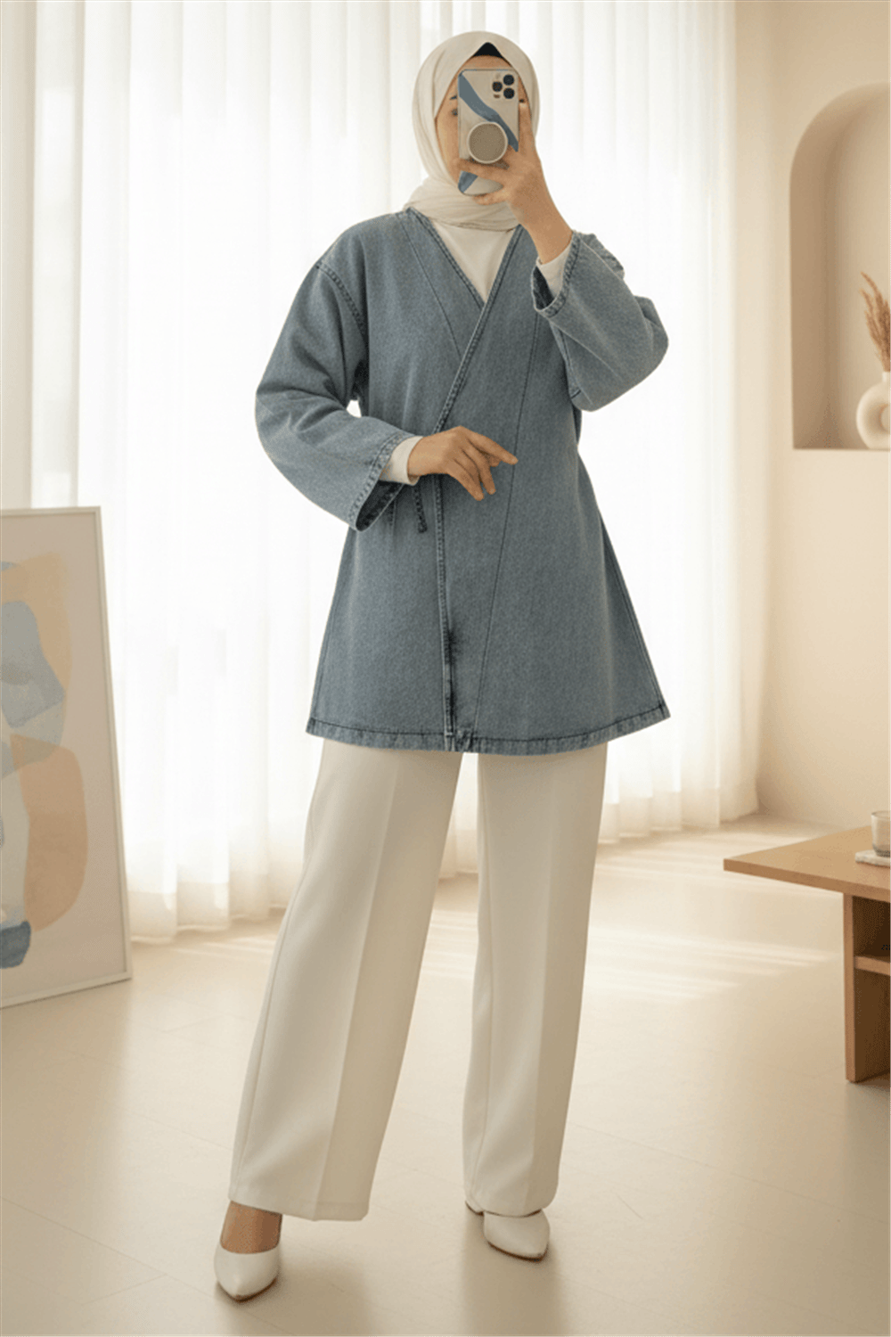 Yandan Bağlamalı Kot Kimono -Açık Mavi-Ceket-111-50718KOT-R25