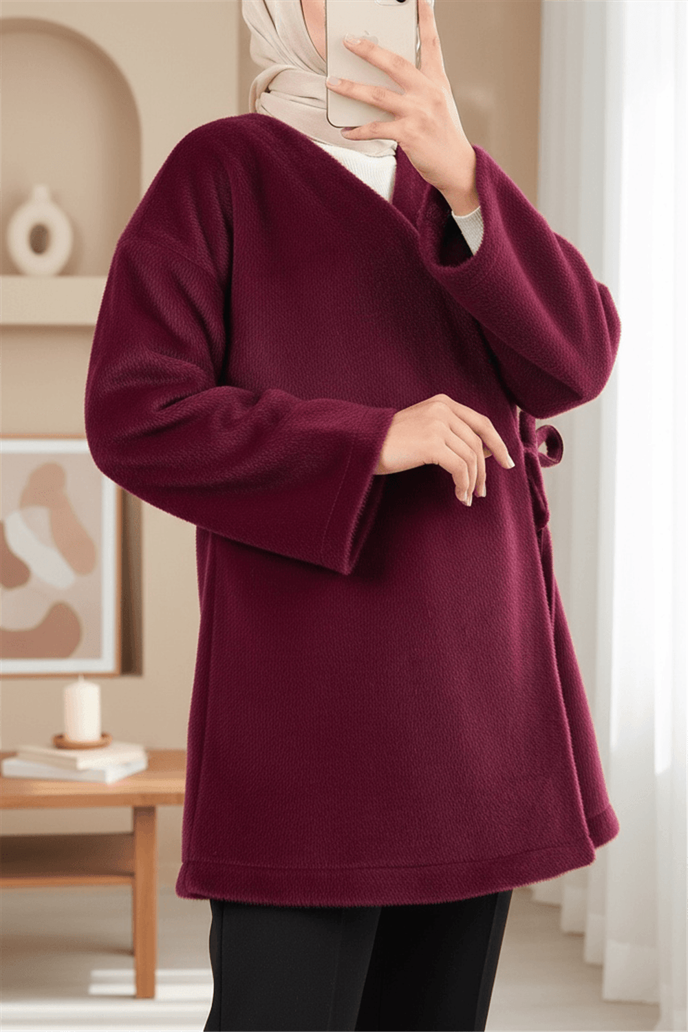 Yandan Bağlamalı Kürklü Ceket  -Bordo-Ceket-111-50718-R04