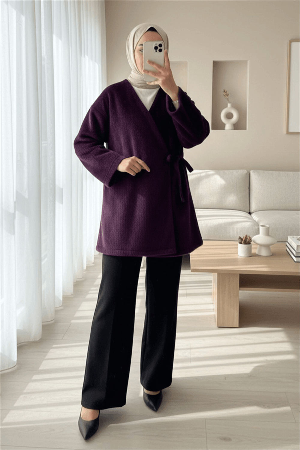 Yandan Bağlamalı Kürklü Ceket  -Mürdüm-Ceket-111-50718-R09