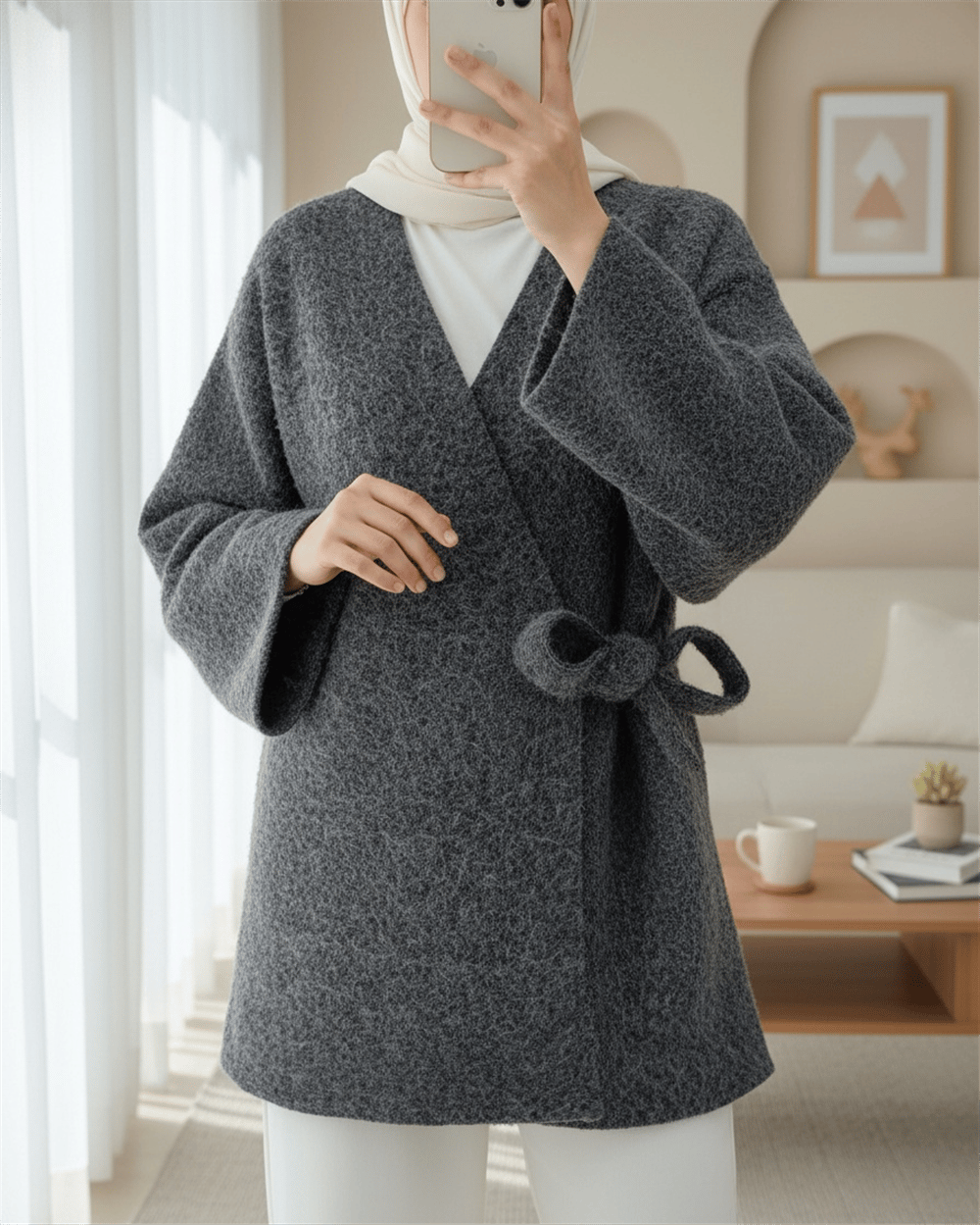 Yandan Bağlamalı Sakallı Kimono  -Antrasit-Kimono & Kaftan-398-66000-R64