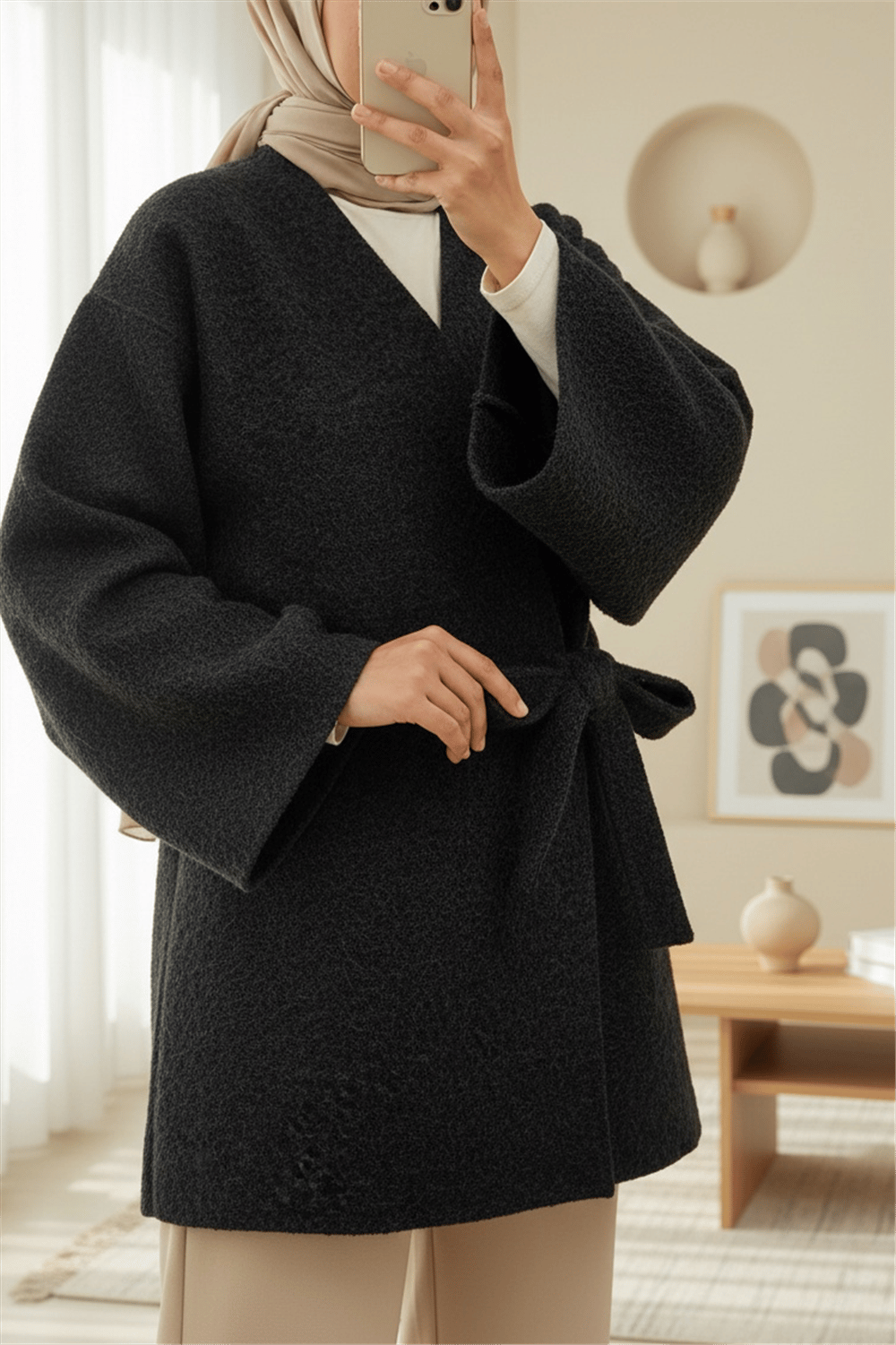 Yandan Bağlamalı Sakallı Kimono  -Siyah-Kimono & Kaftan-398-66000-R01