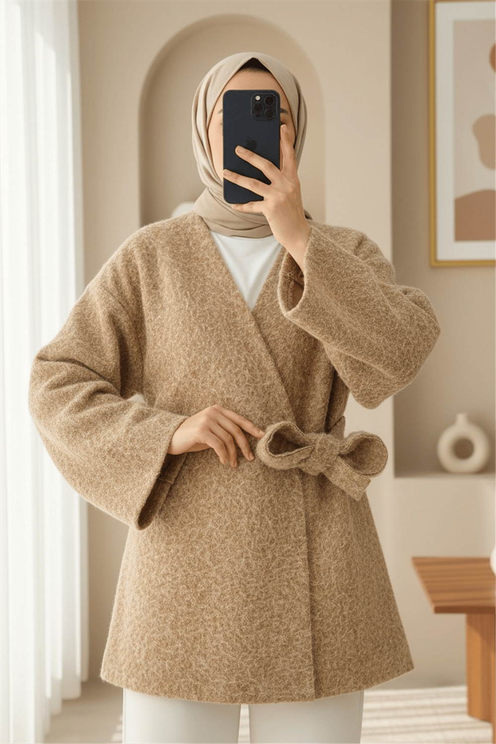 Yandan Bağlamalı Sakallı Kimono  -Vizon-Kimono & Kaftan-398-66000-R23