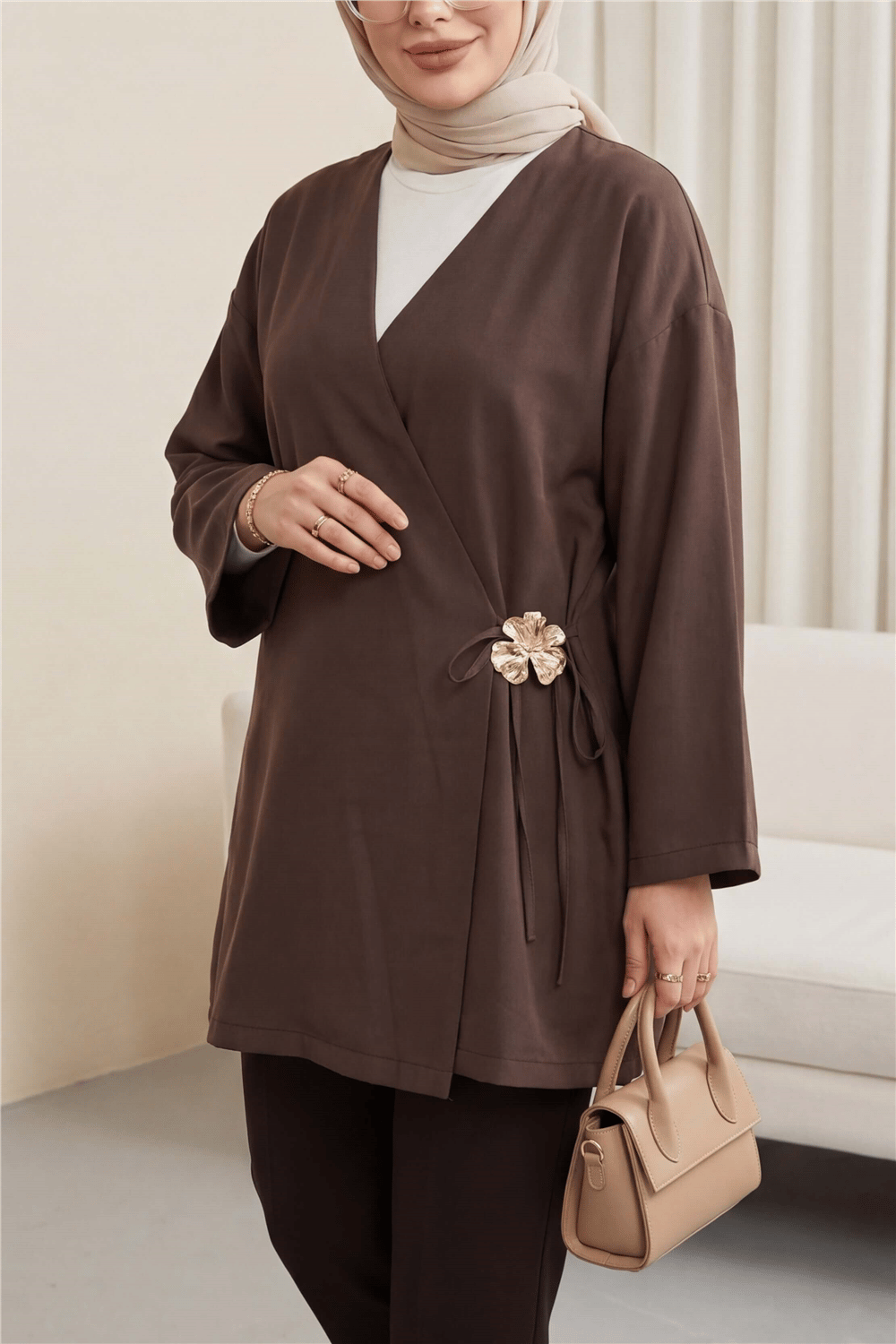 Yandan Çapraz Bağlamalı Tokalı Modal Tunik -Kahverengi-Tunik-111-50816-R15