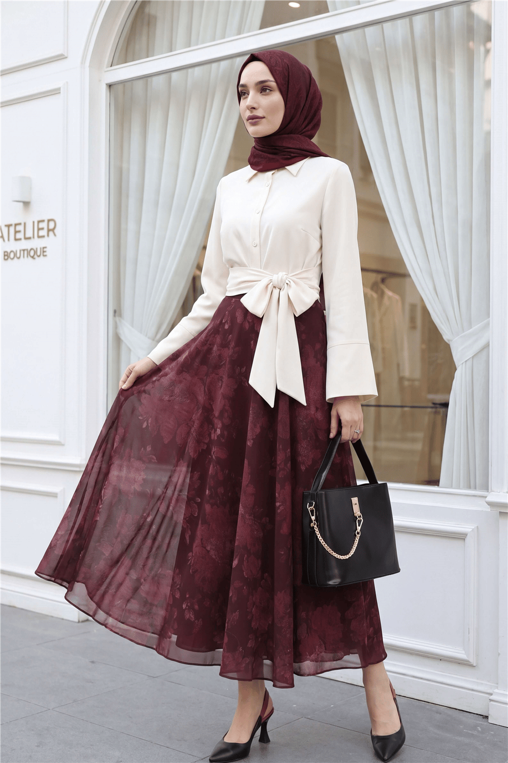 Yandan Fermuarlı Desenli Astarlı Şifon Etek -Bordo-Etek-286-10082-R04