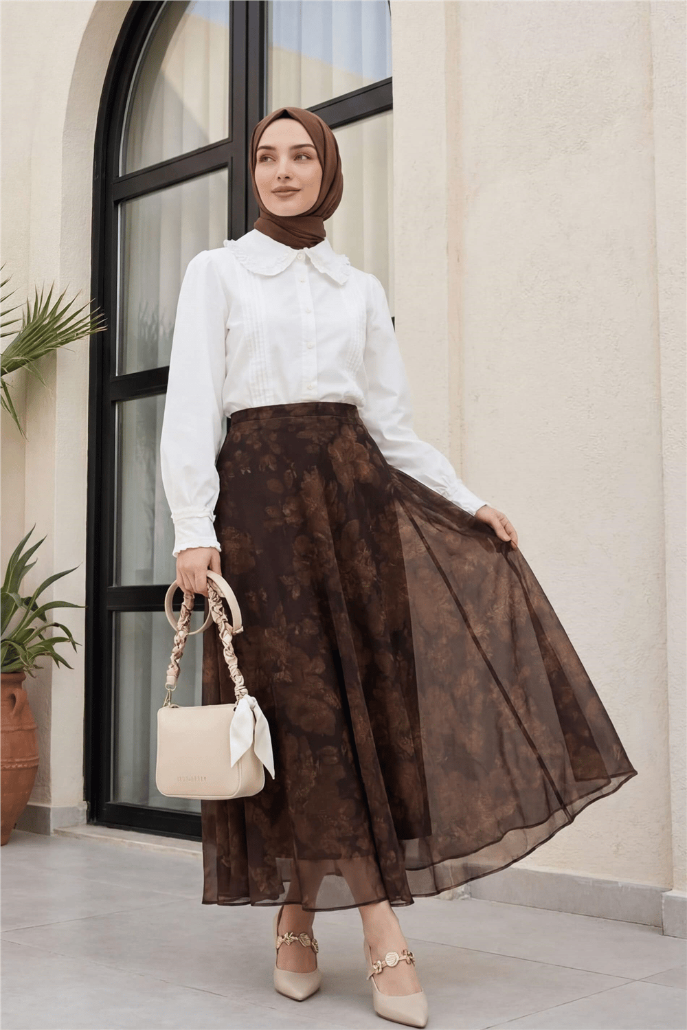 Yandan Fermuarlı Desenli Astarlı Şifon Etek  -Haki-Etek-286-10082-R05
