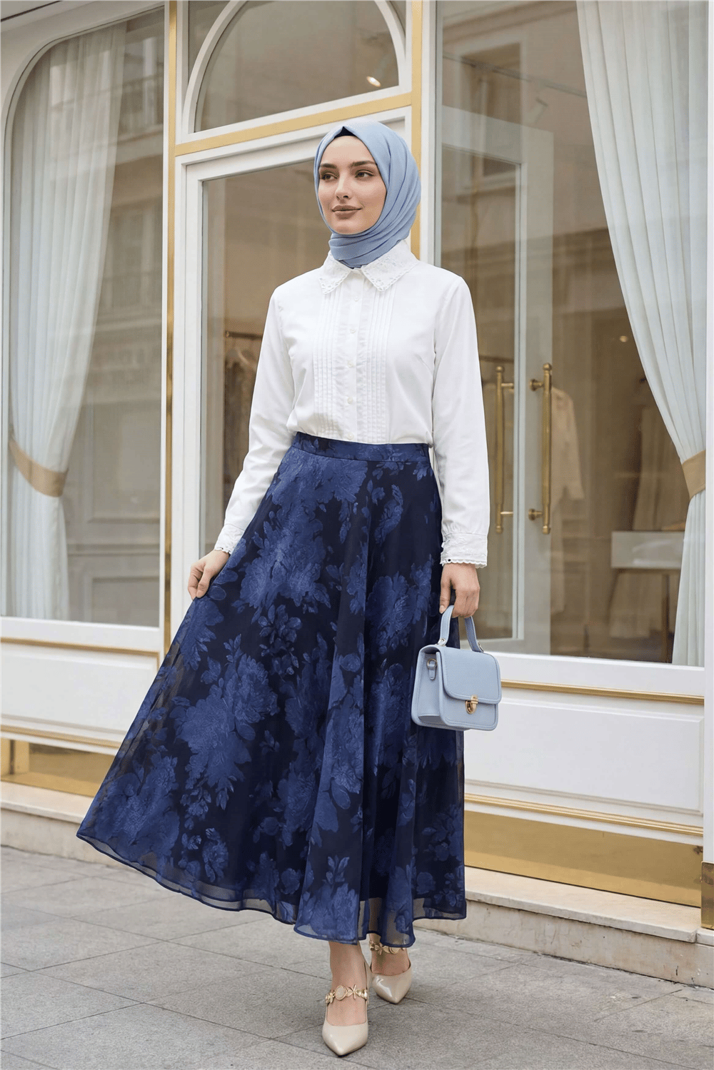 Yandan Fermuarlı Desenli Astarlı Şifon Etek -Laci-Etek-286-10082-R03