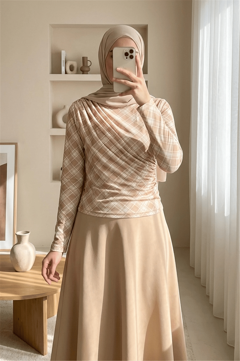 Yanı Büzgülü Ekose Desenli Bluz -Bej-Bluz-246-2808-R56