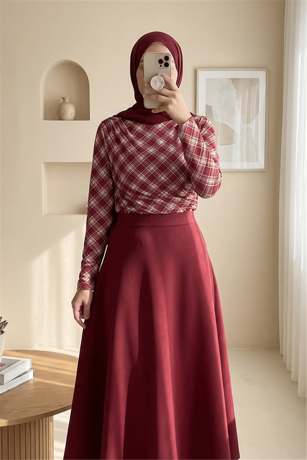 Yanı Büzgülü Ekose Desenli Bluz -Bordo-Bluz-246-2808-R04